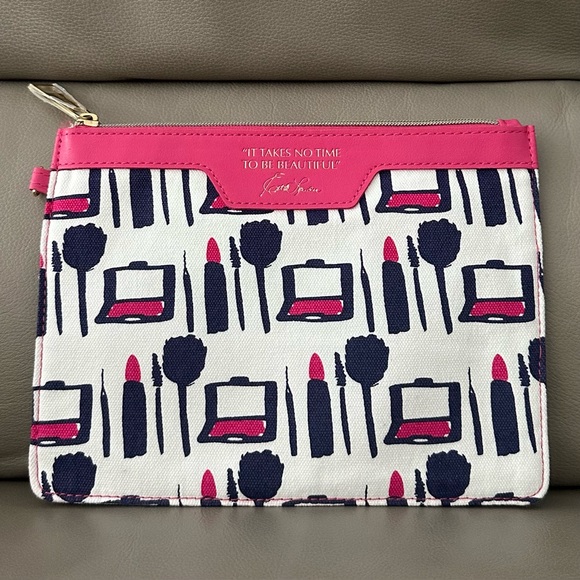 Estee Lauder Handbags - NEW ESTEE LAUDER IT TAKES NO TIME TO BE BEAUTIFUL LEATHER CANVAS COSMETIC BAG